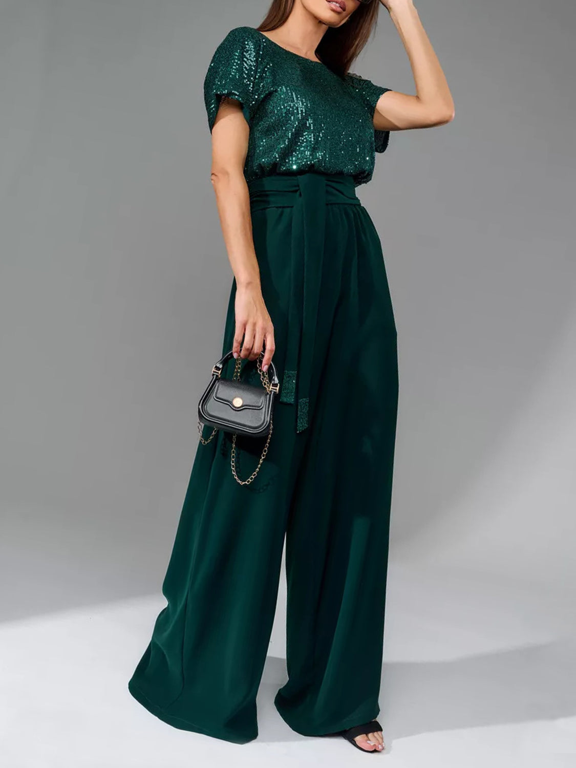 Sequin Round Neck Short Sleeve Wide Leg Jumpsuit