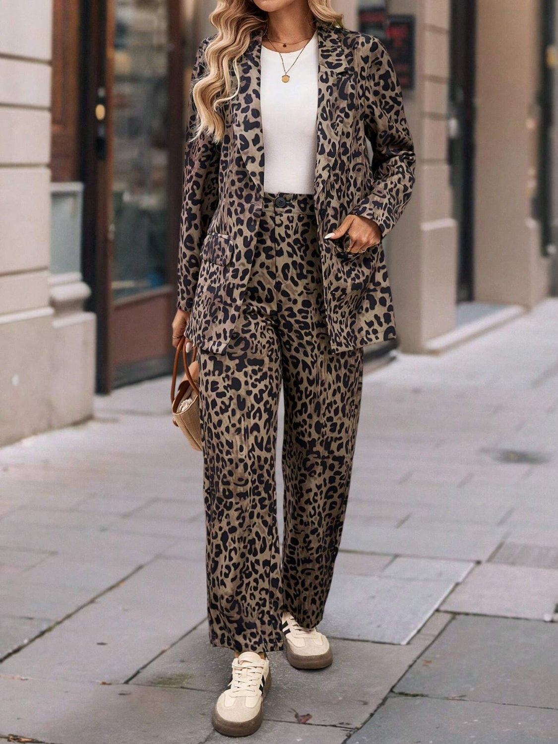 Leopard Lapel Collar Long Sleeve Blazer and Pants Set