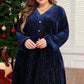 Plus Size Textured Velvet Decorative Button Long Sleeve Dress