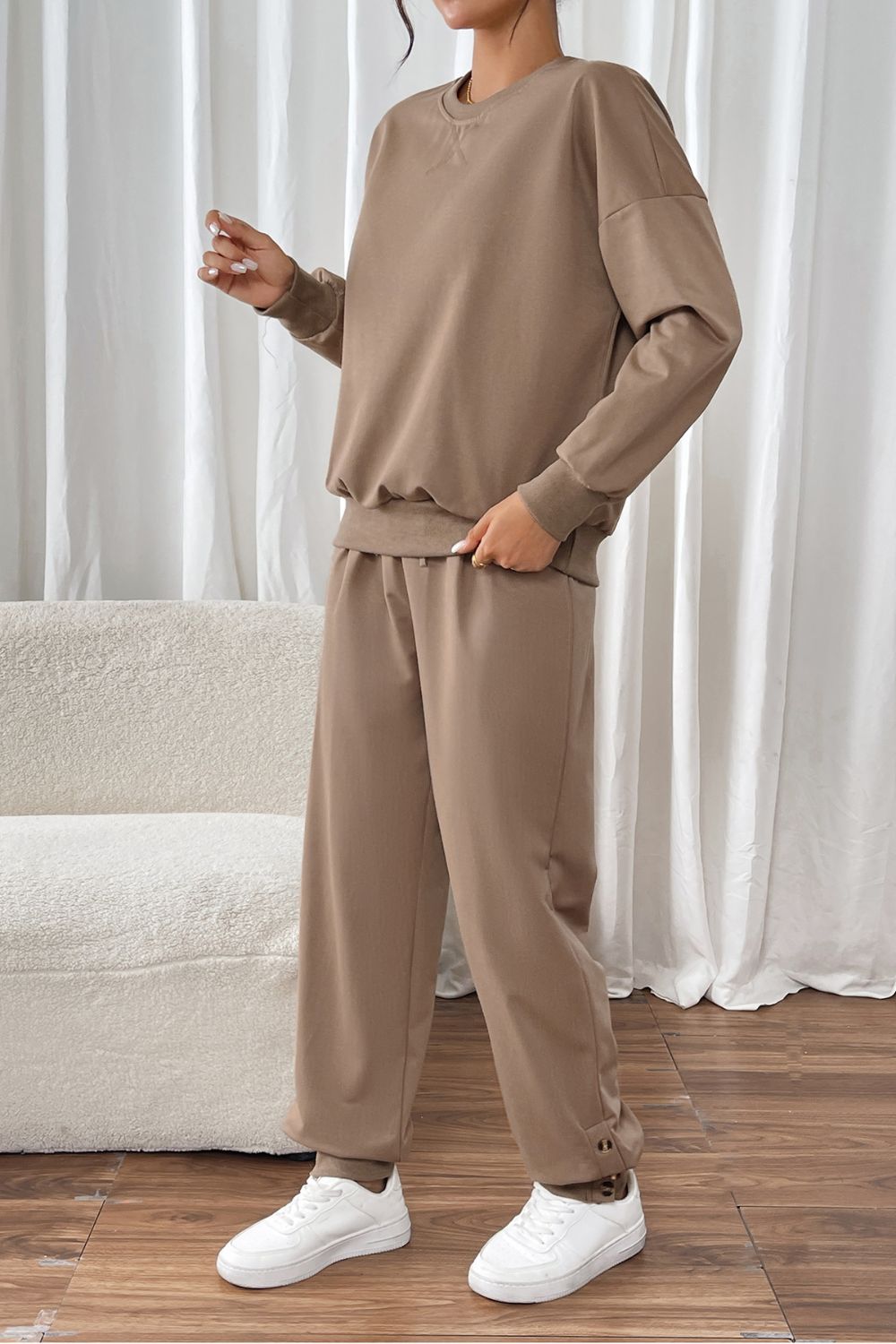 Round Neck Long Sleeve Top and Pants Set