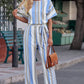 Tied Striped Round Neck Short Sleeve Jumpsuit