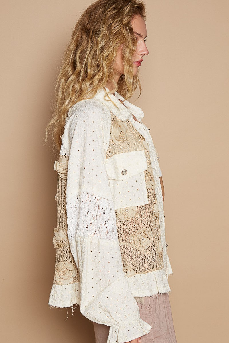 Eyelet Flower Pearl Detail Lace Patchwork Shirt