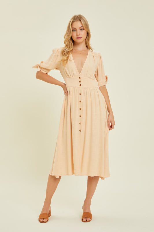 HEYSON Full Size Textured Linen V-Neck Midi Dress
