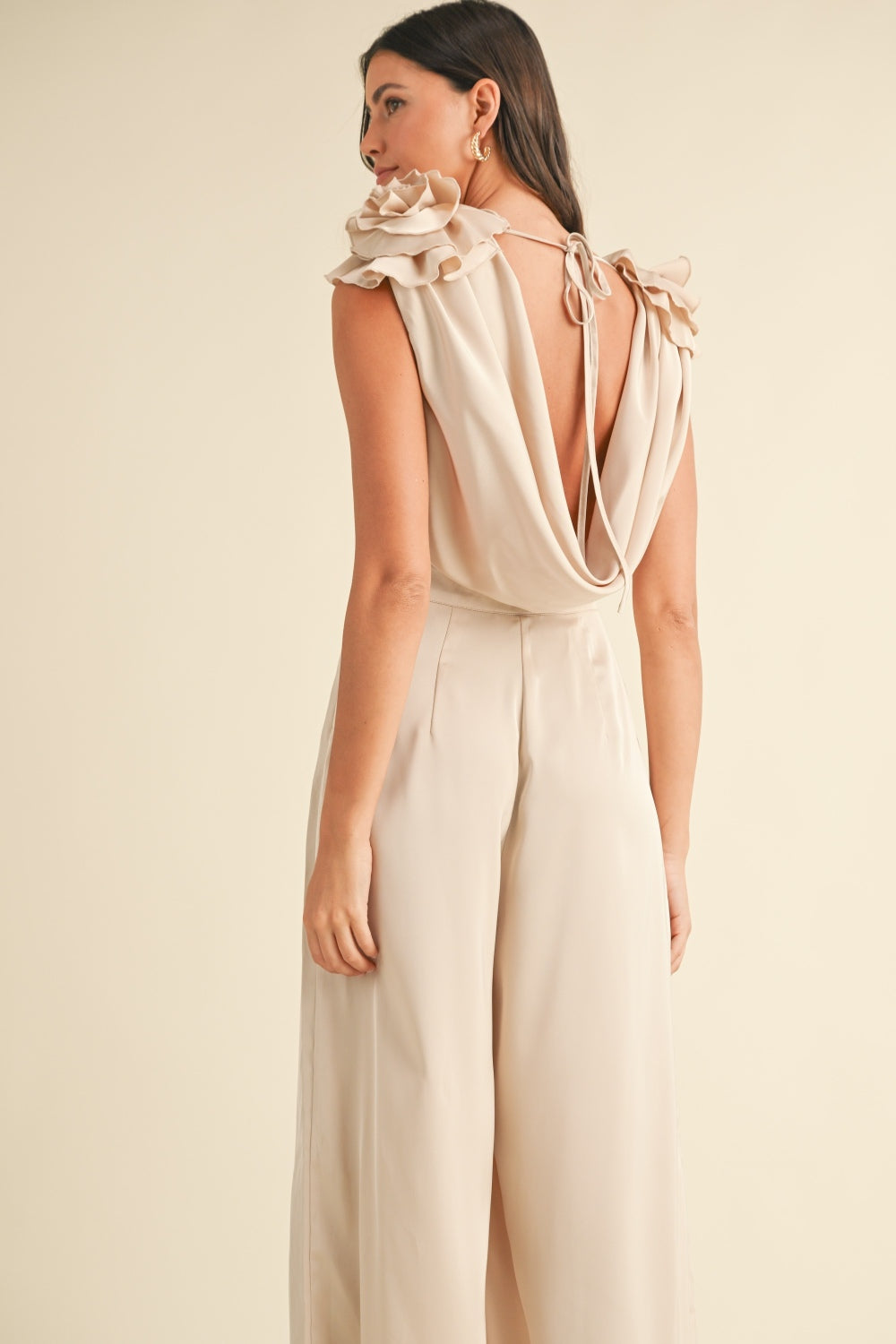 Floral Applique Deep Cowl Neck Jumpsuit