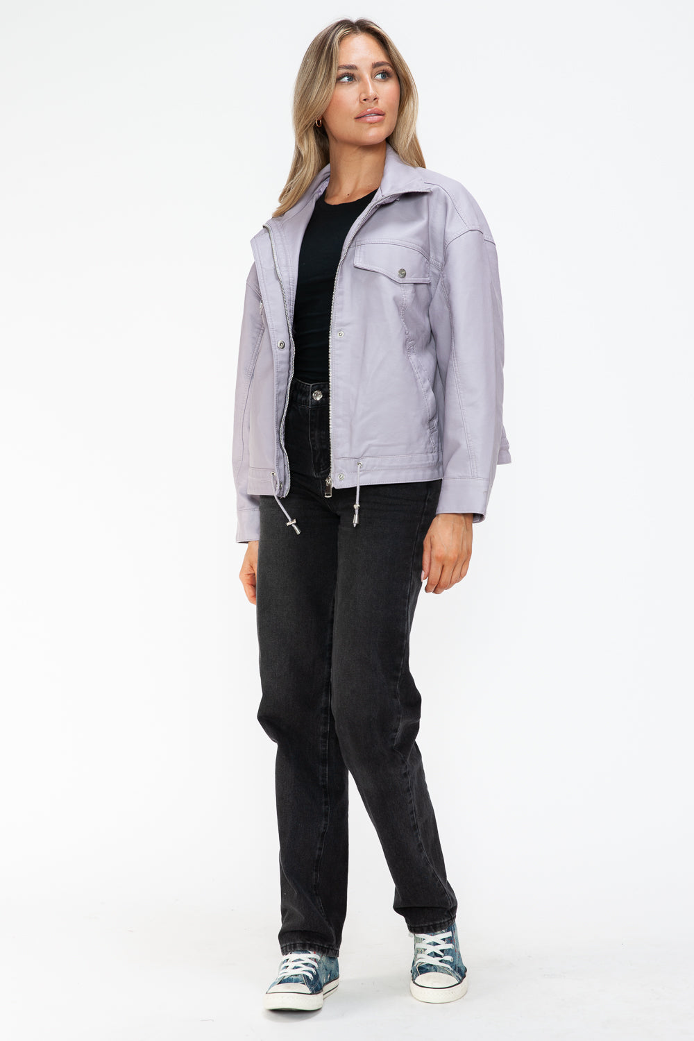 Drawstring Hem PU Leather Zip Up Jacket