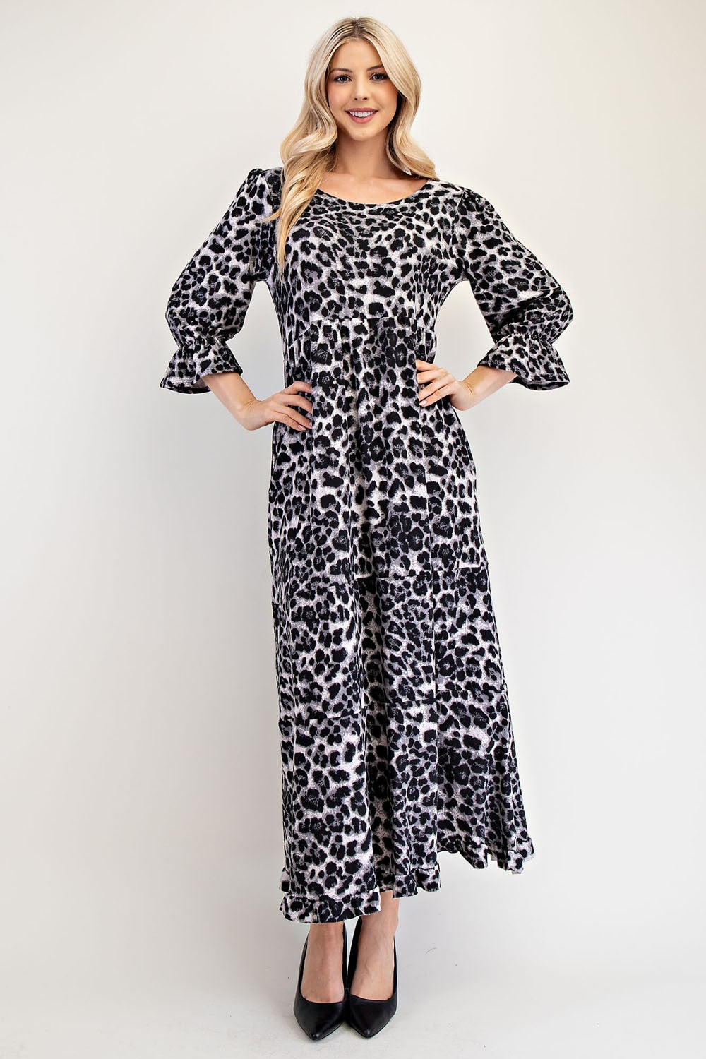 Leopard Round Neck Flounce Sleeve Dress