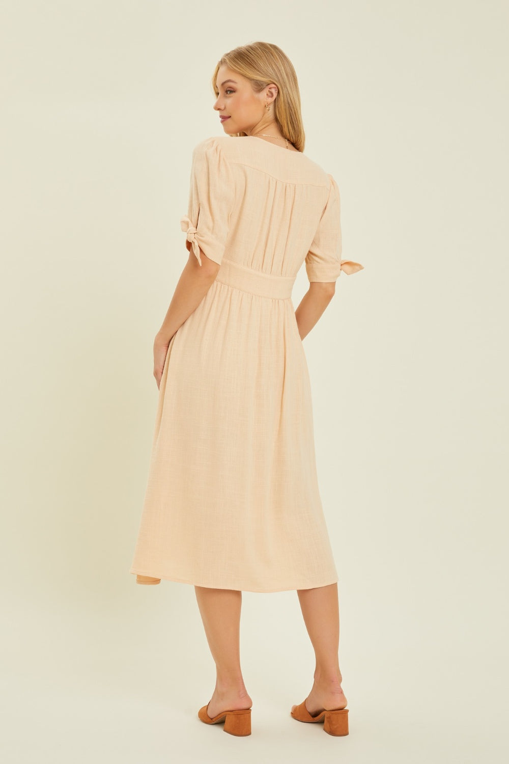 HEYSON Full Size Textured Linen V-Neck Midi Dress