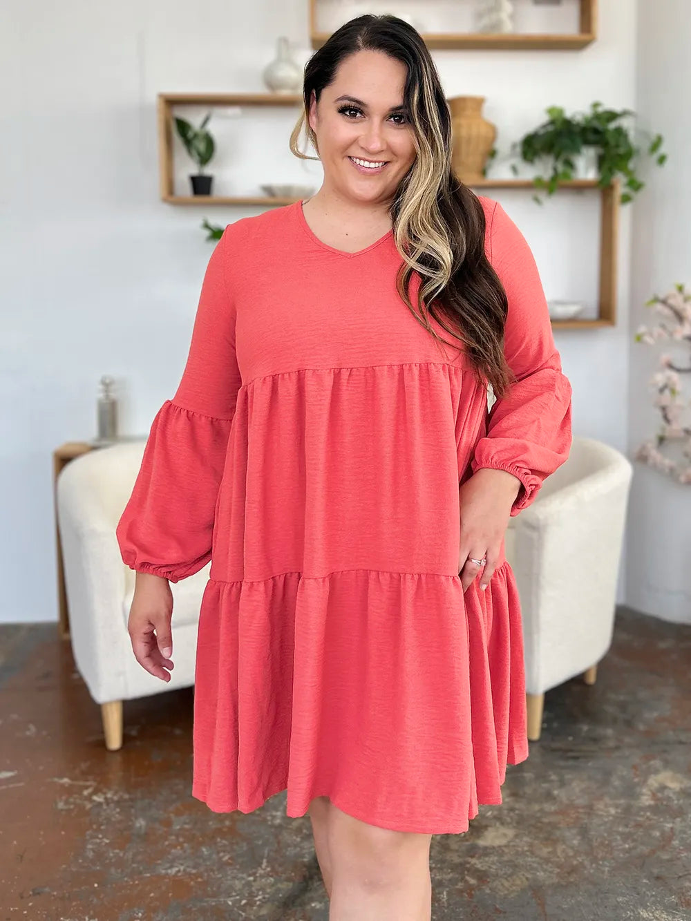 V-Neck Balloon Sleeve Tiered Dress