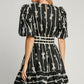 Ribbon Print Frill Contrast Velvet Trim Half Sleeve Dress