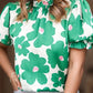 Ruffled Printed Mock Neck Short Sleeve Blouse