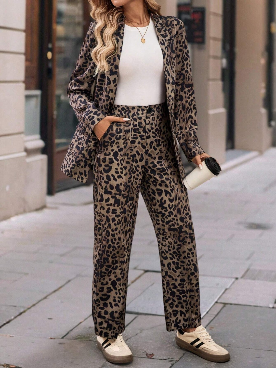 Leopard Lapel Collar Long Sleeve Blazer and Pants Set