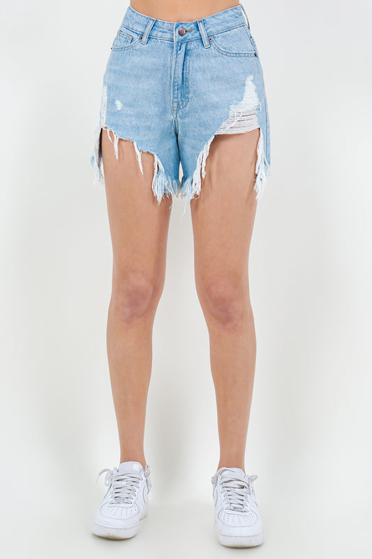 High Waist Fringed Hem Denim Shorts