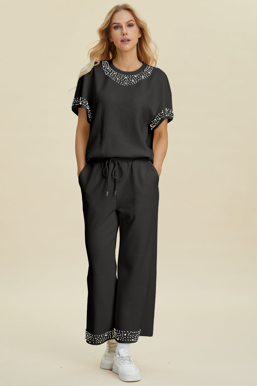 Pearl Detail Round Neck Top and Pants Set