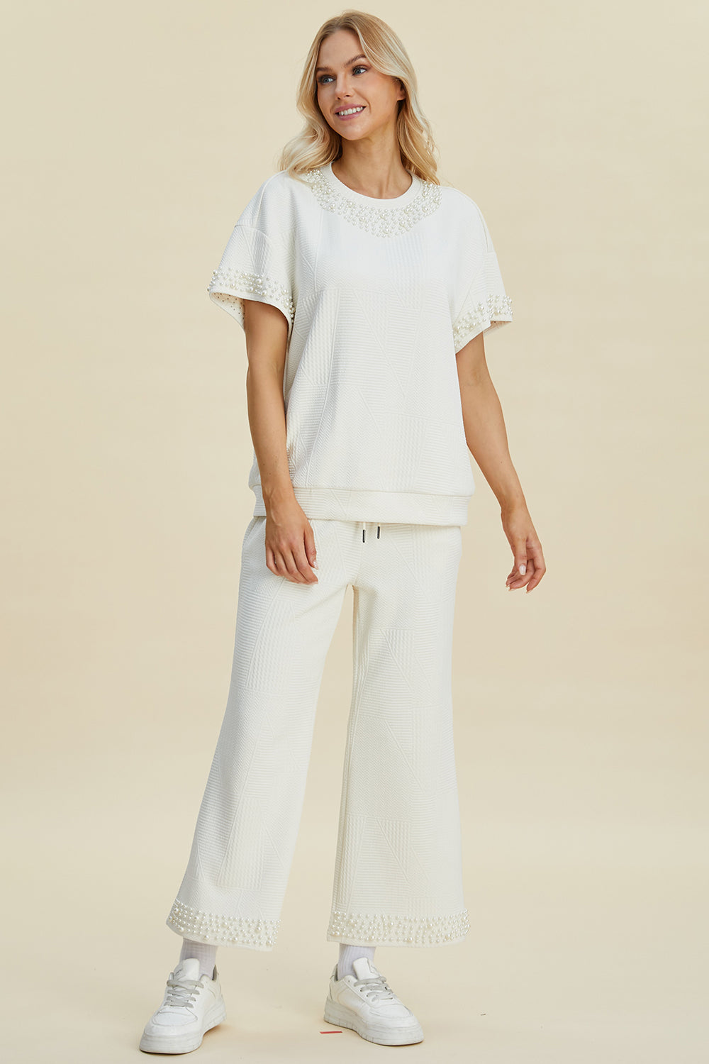 Pearl Detail Round Neck Top and Pants Set