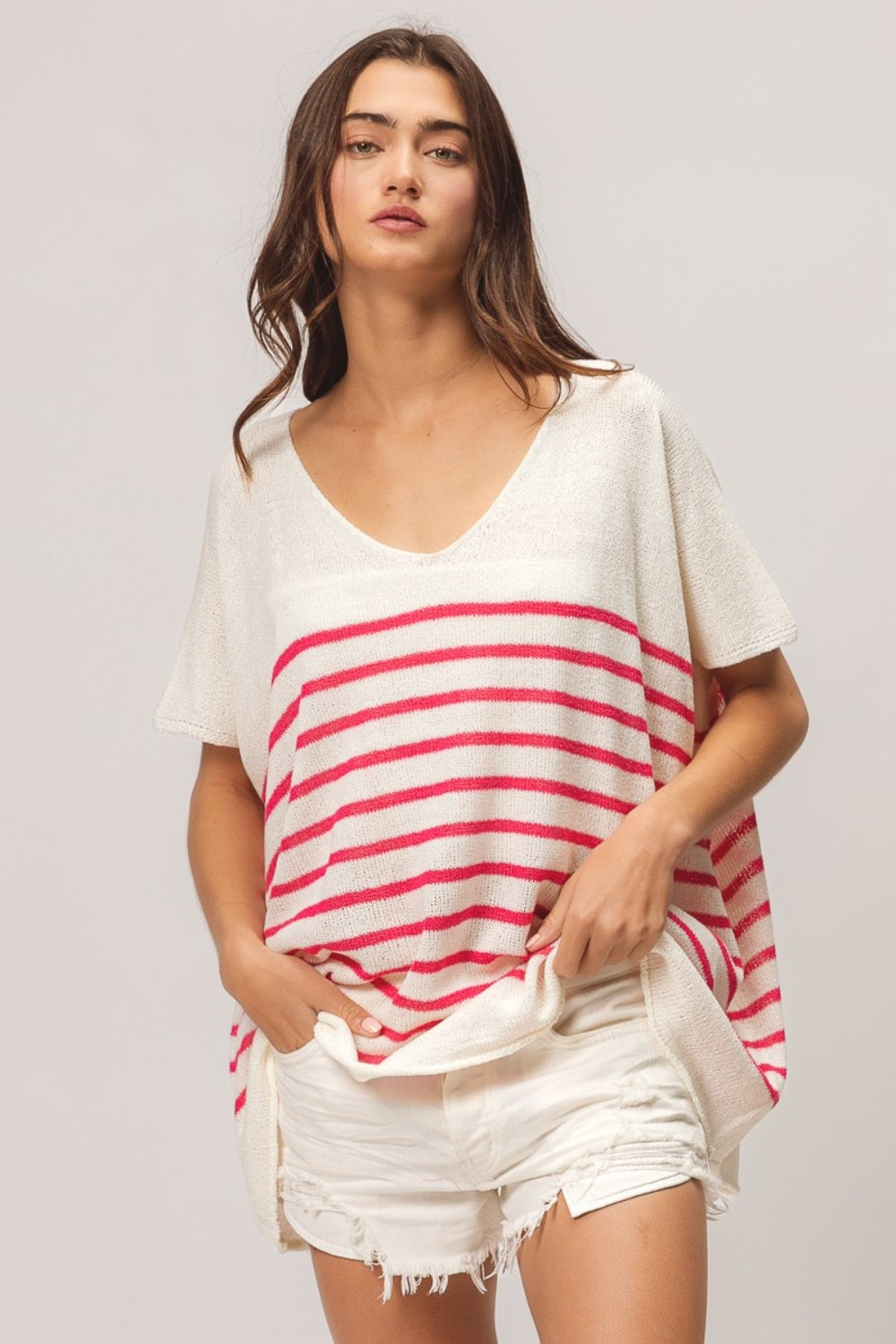 V Neck Striped Short Sleeve Top