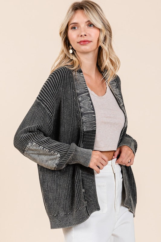 Contrast Patch Open Front Mineral Wash Cardigan