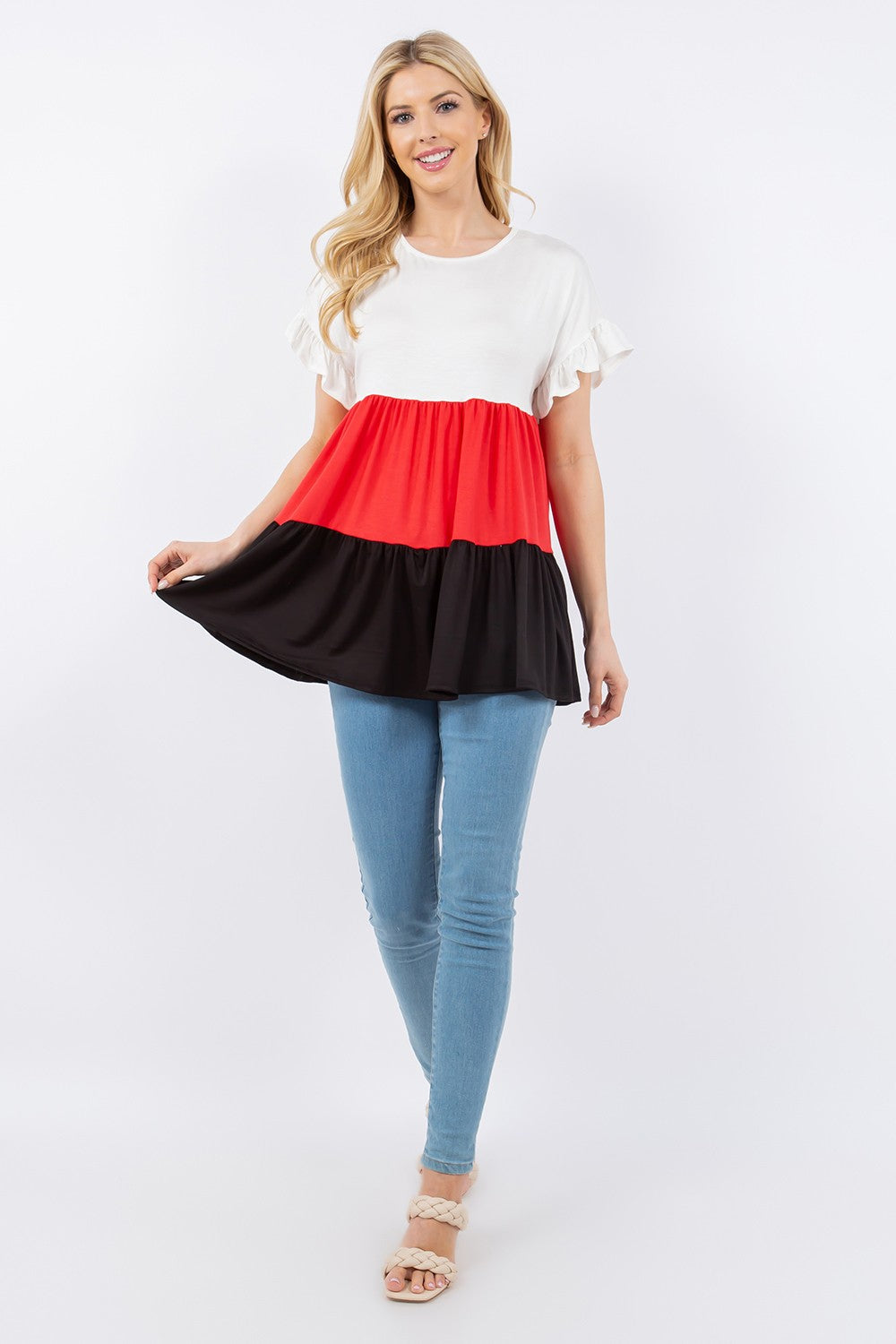 Color Block Ruffled Short Sleeve Top