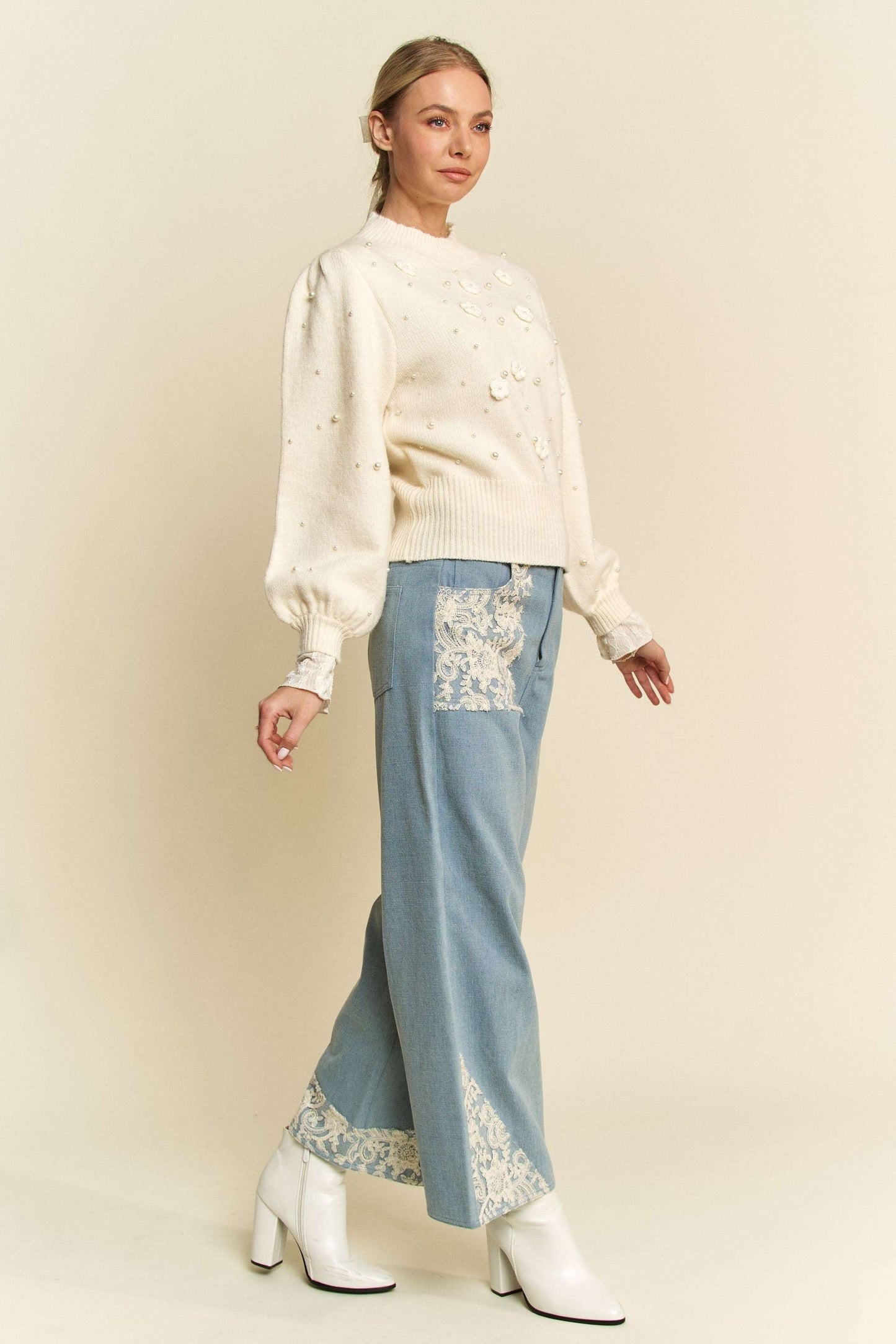 Lace Applique Wide Leg Jeans