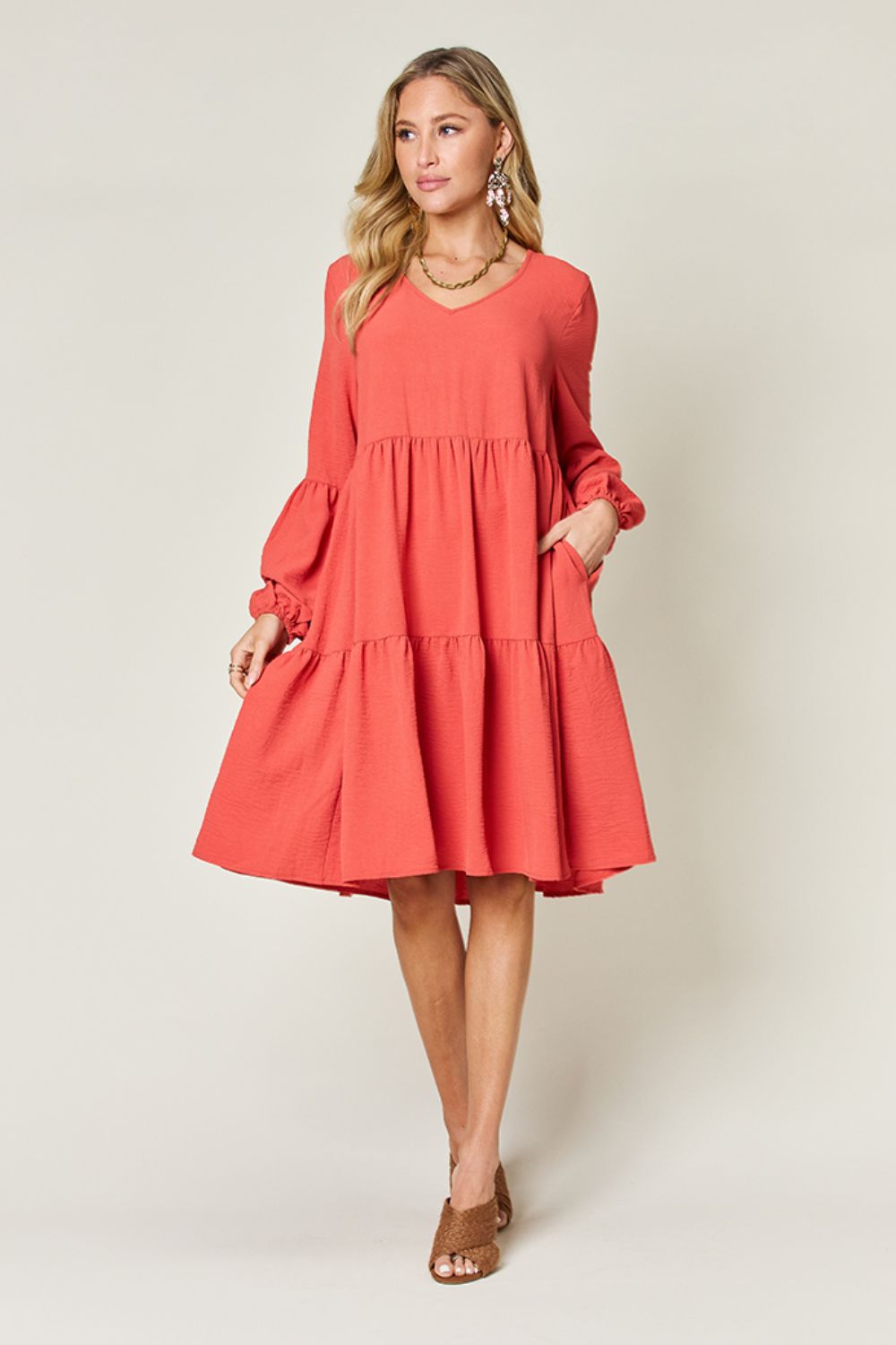 V-Neck Balloon Sleeve Tiered Dress