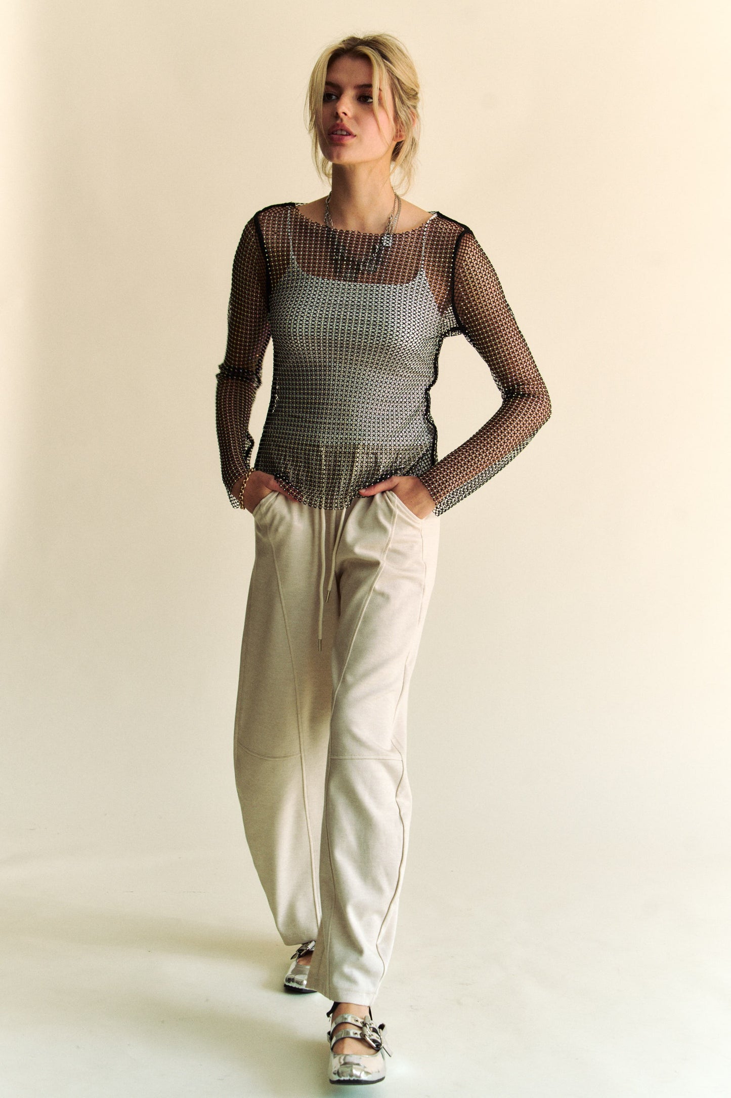 Sparkling Rhinestone Sheer Mesh Round Neck Top