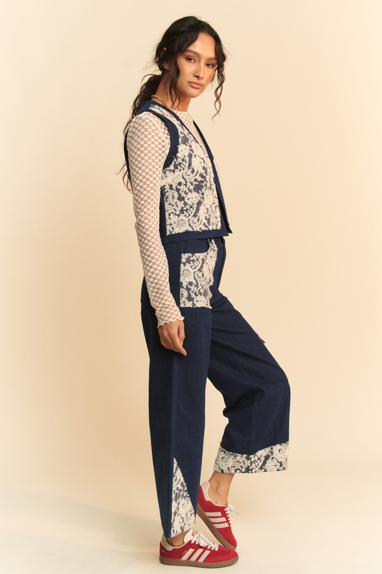 Lace Applique Wide Leg Jeans