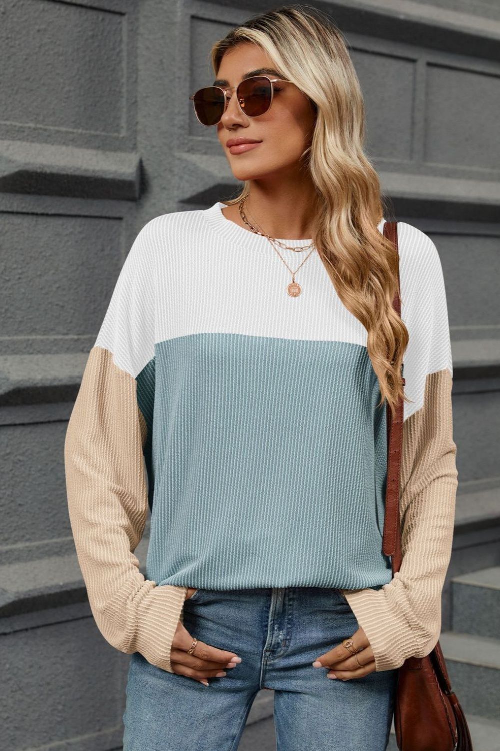 Contrast Round Neck Long Sleeve T-Shirt