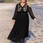 Plus Size Embroidered Tie Neck Long Sleeve Dress