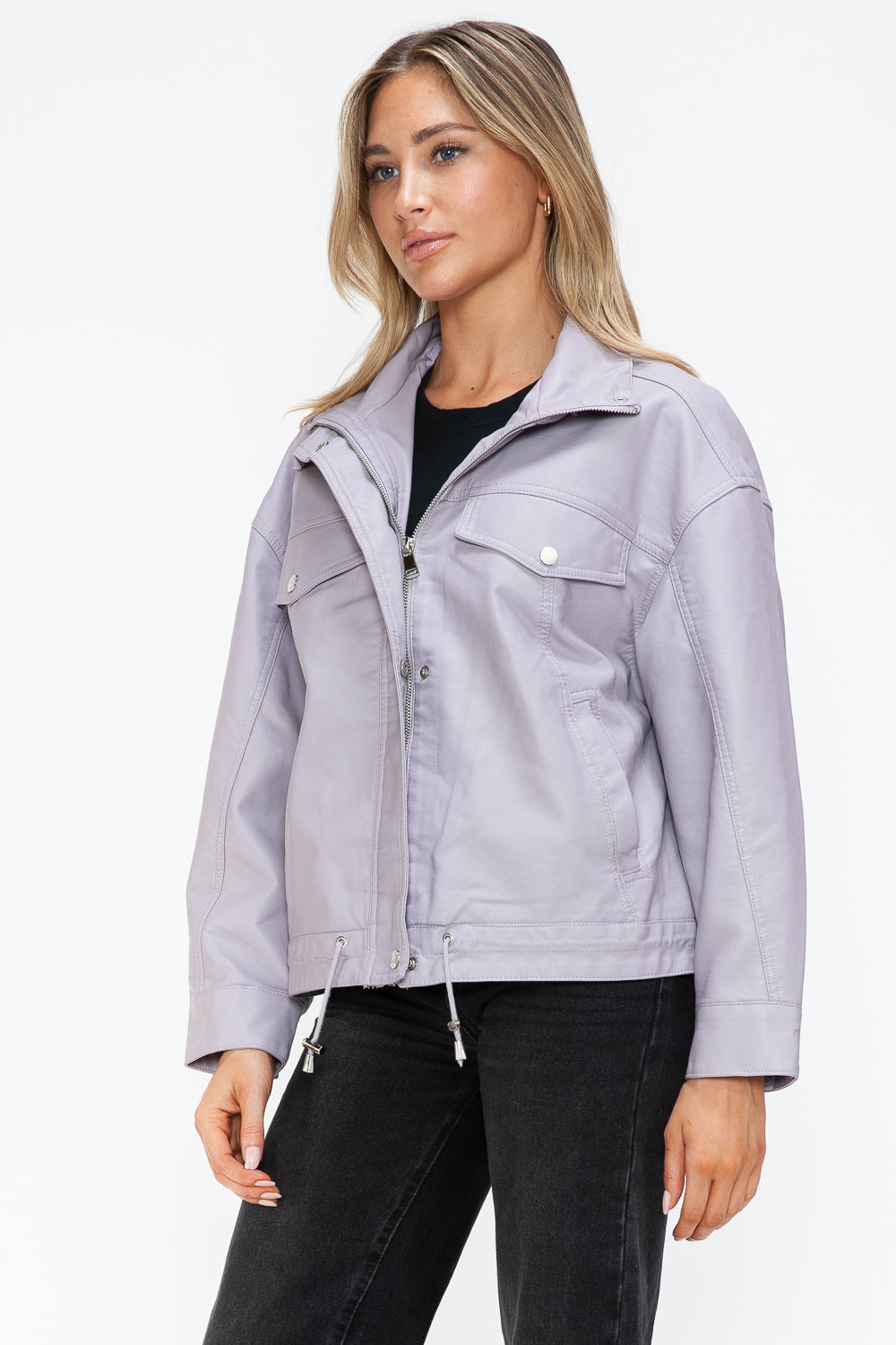 Drawstring Hem PU Leather Zip Up Jacket