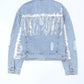 Sequin Fringe Trim Distressed Button Up Denim Jacket