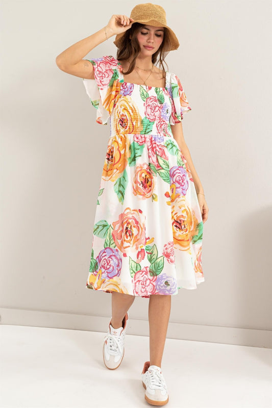 Floral Flutter Sleeve Smocked Dress