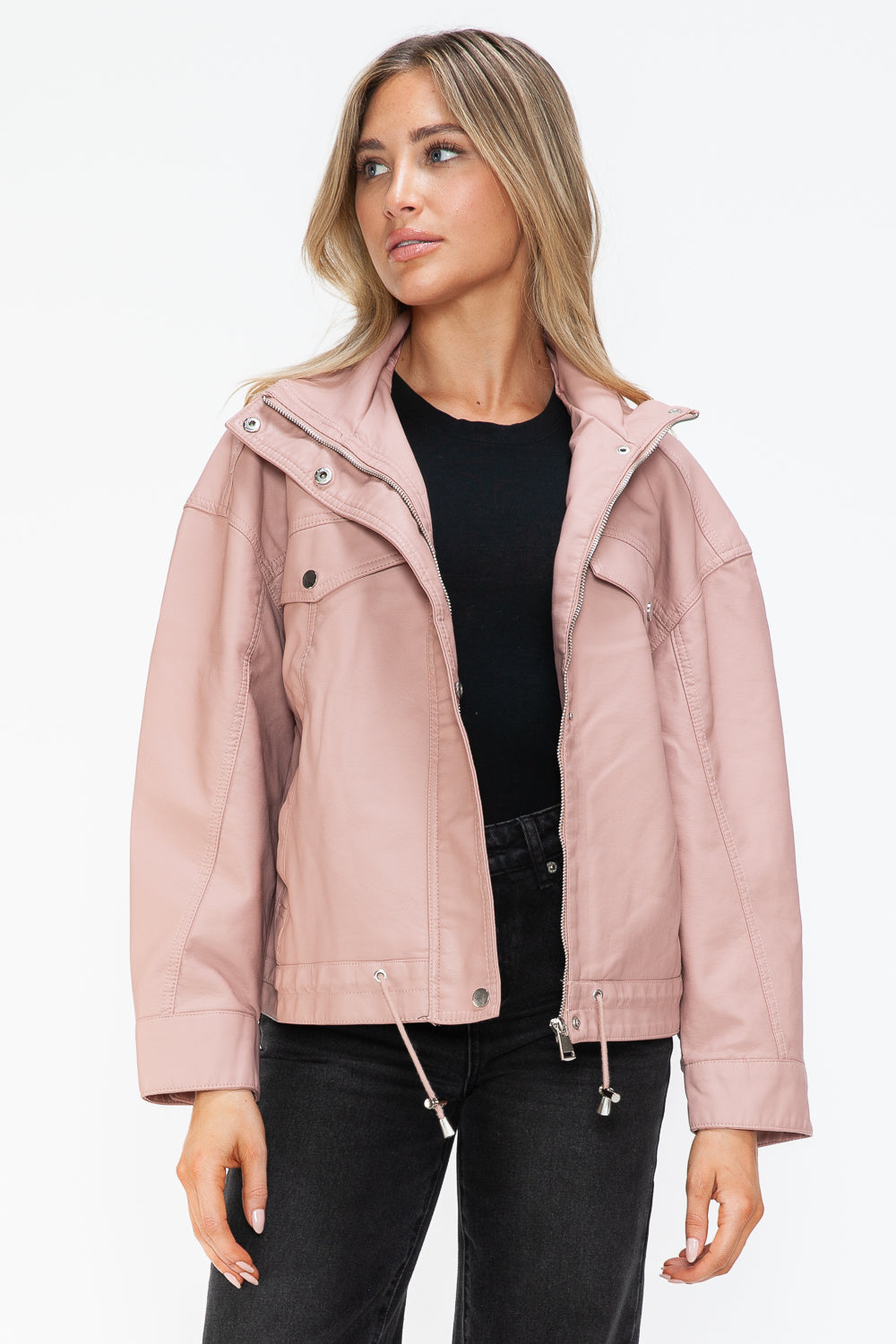 Drawstring Hem PU Leather Zip Up Jacket