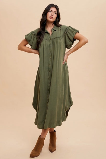 Mineral Washed Button Down Puff Sleeve Shirt Dress