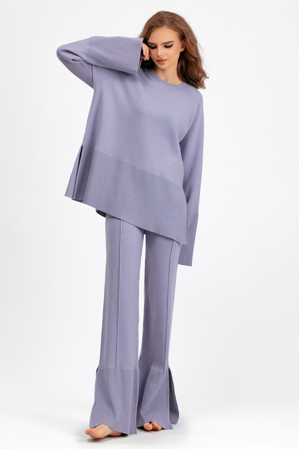 Slit Round Neck Long Sleeve Top and Drawstring Pants Sweater Set