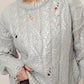 Distressed Cable-Knit Round Neck Long Sleeve Sweater