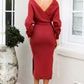 Surplice Neck Bow Waist Slit Sweater Dress