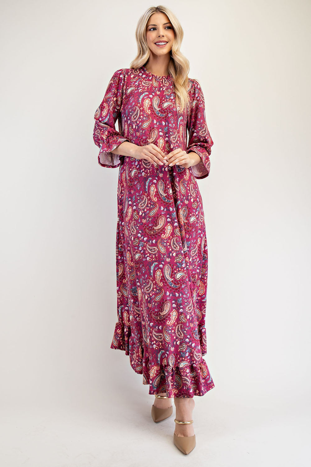 Ruffle Hem Paisley Round Neck Dress