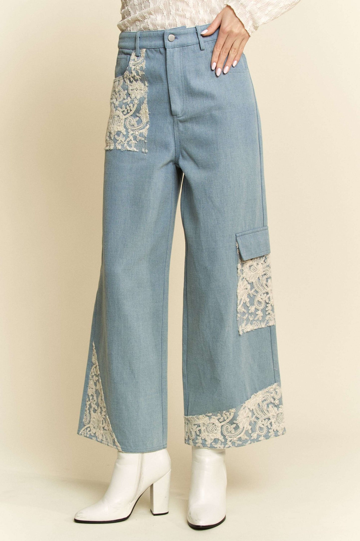 Lace Applique Wide Leg Jeans