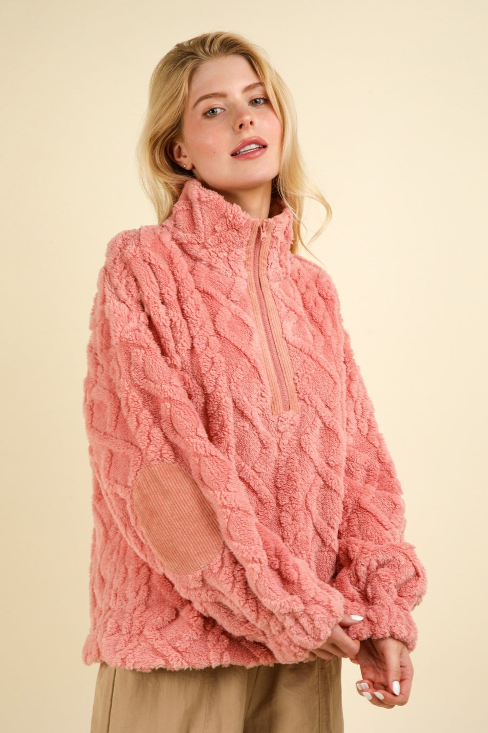 Fuzzy Fleece Half Zip Cable Pattern Sweatshirt