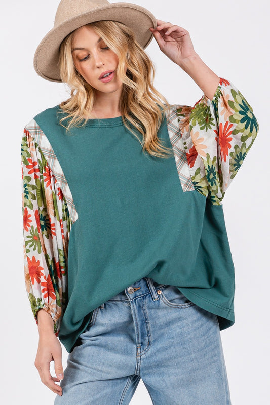 Printed Balloon Sleeve Contrast Top