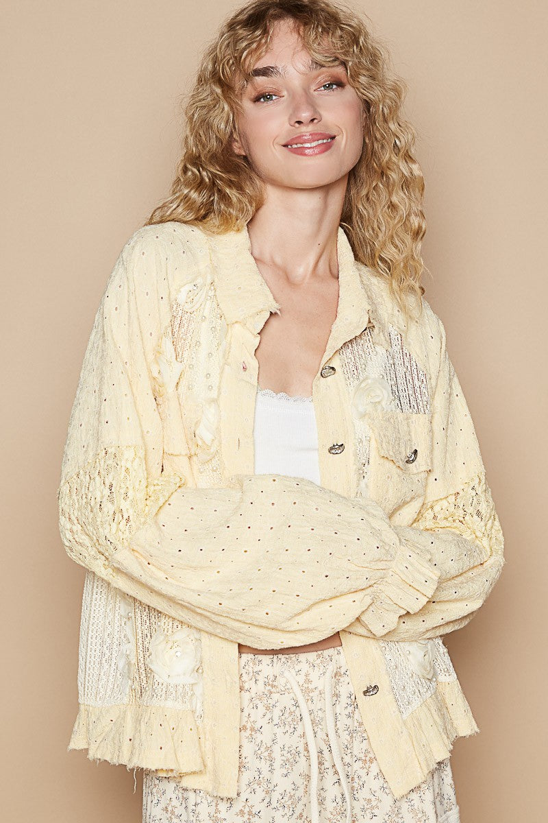 Eyelet Flower Pearl Detail Lace Patchwork Shirt