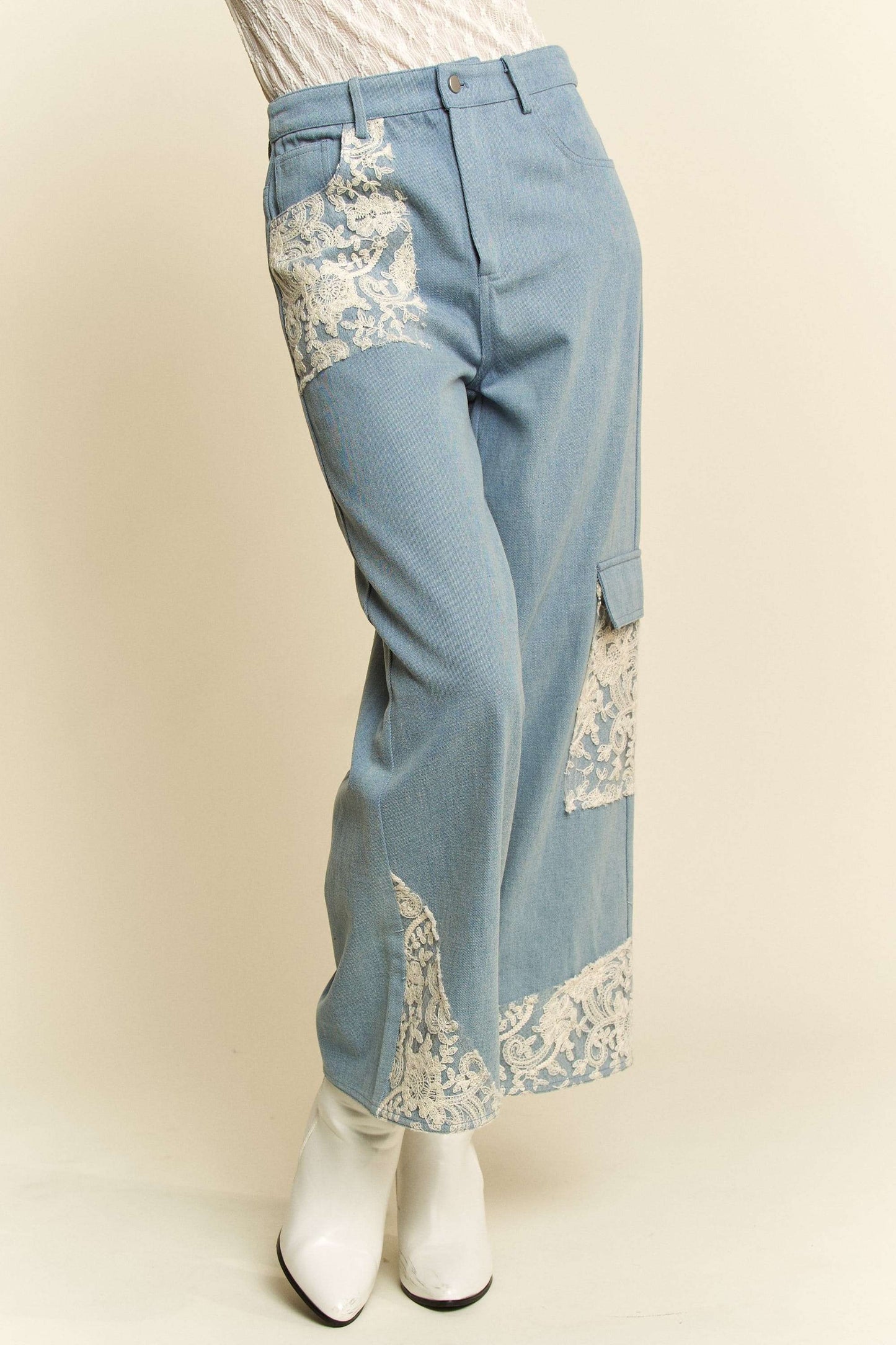 Lace Applique Wide Leg Jeans