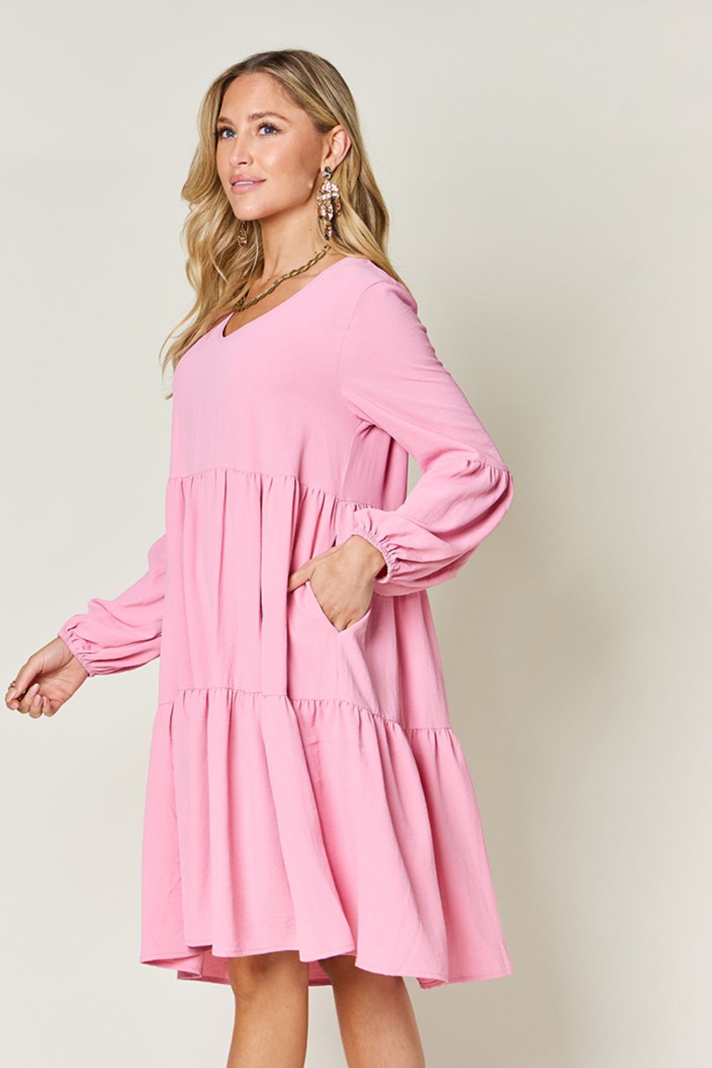 V-Neck Balloon Sleeve Tiered Dress