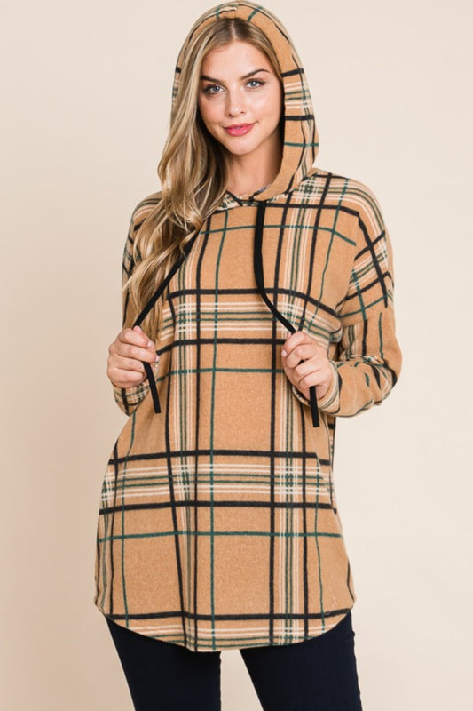 Drawstring Plaid Long Sleeve Hoodie