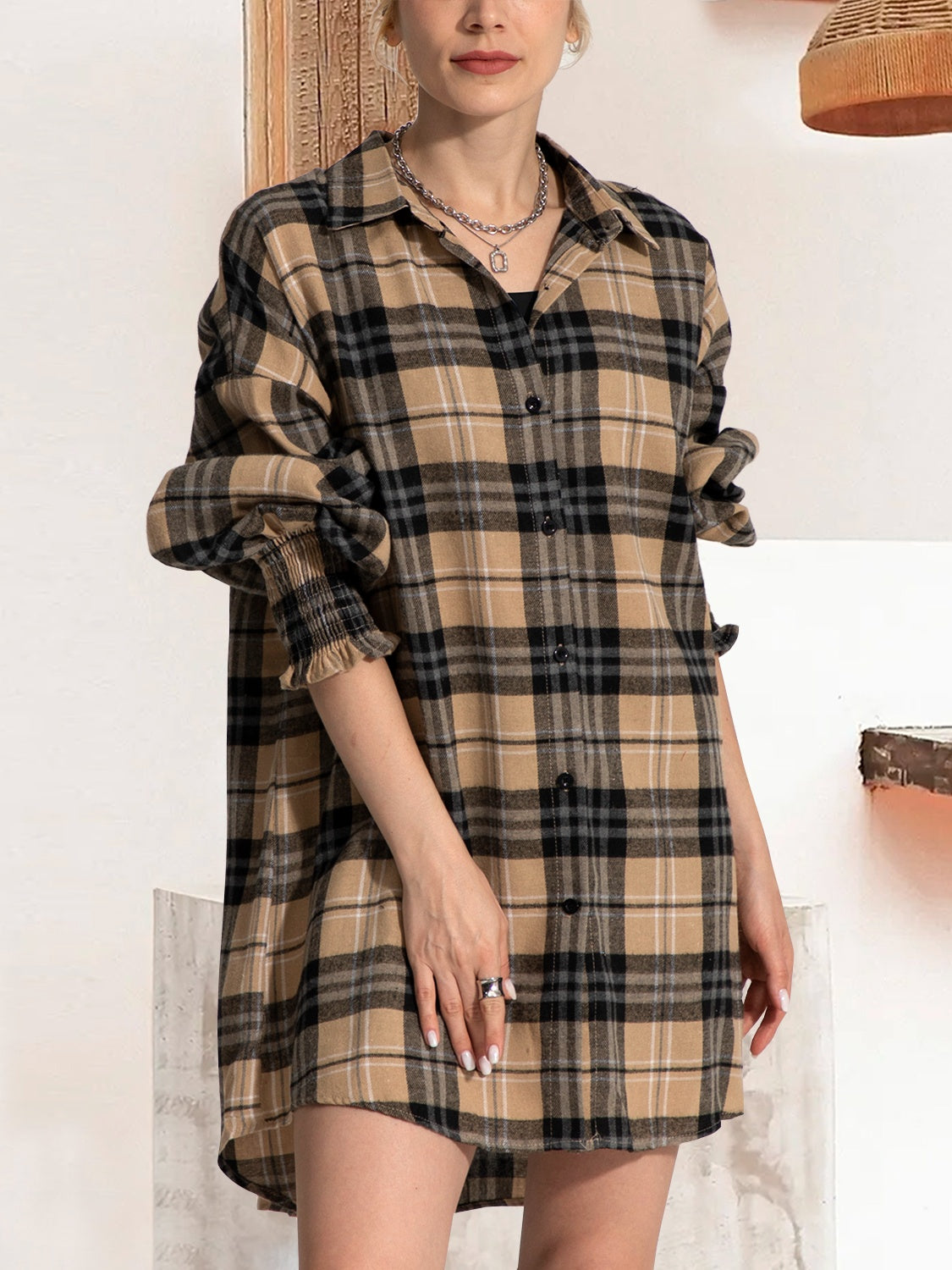 Button Up Plaid Long Sleeve Shirt Dress