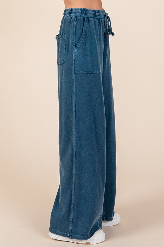 Mineral Wash French Terry Drawstring Wide Leg Pants