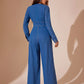 Plunge Long Sleeve Wide Leg Denim Jumpsuit