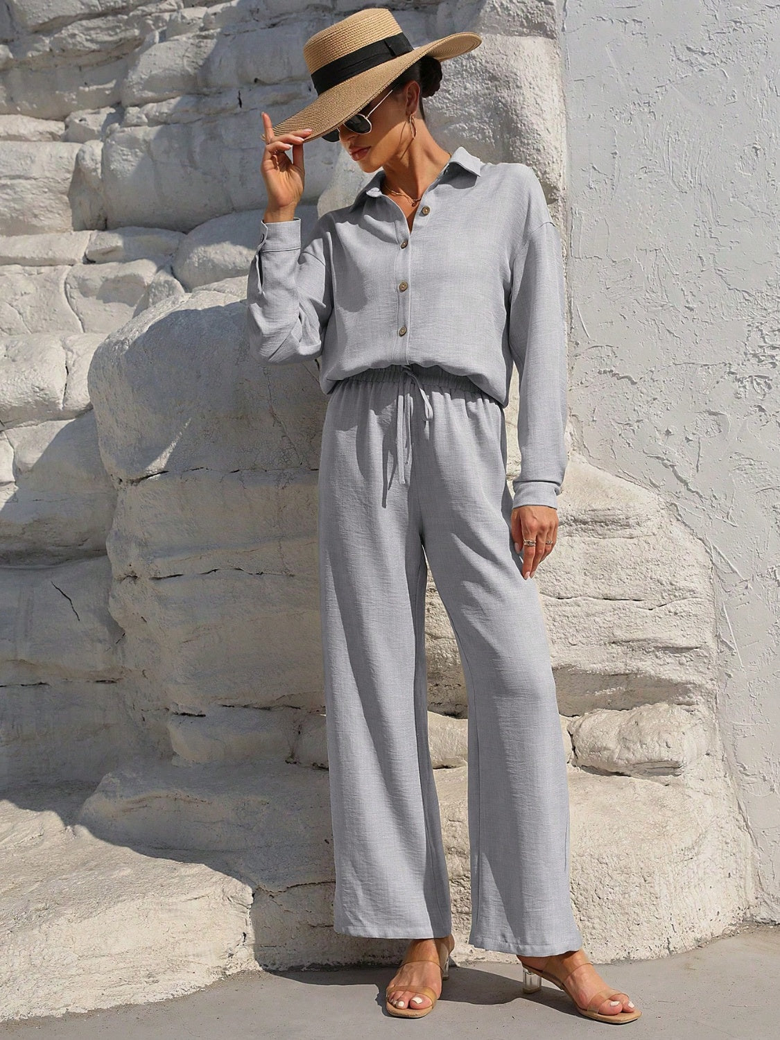 Button Up Long Sleeve Top and Pants Set