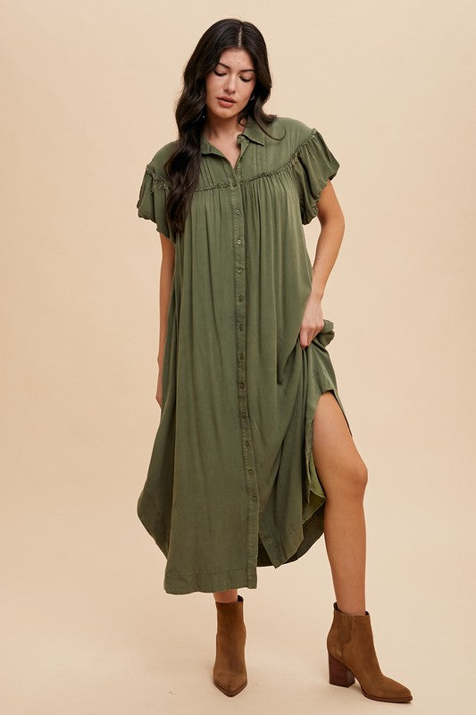 Mineral Washed Button Down Puff Sleeve Shirt Dress