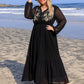 Plus Size Embroidered Tie Neck Long Sleeve Dress