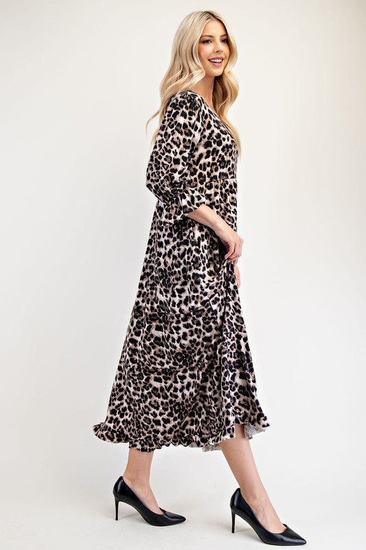 Leopard Round Neck Flounce Sleeve Dress